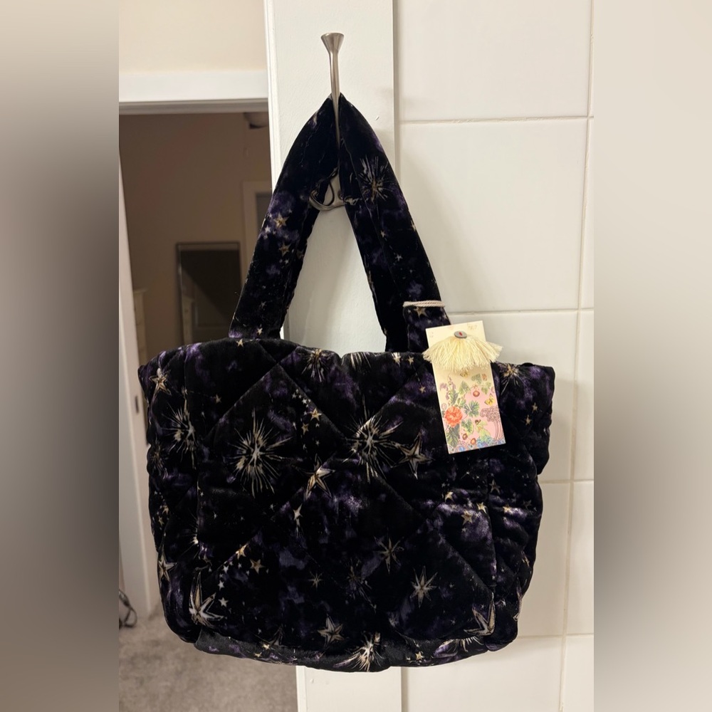 Johnny Was Black and Purple Starry Tote